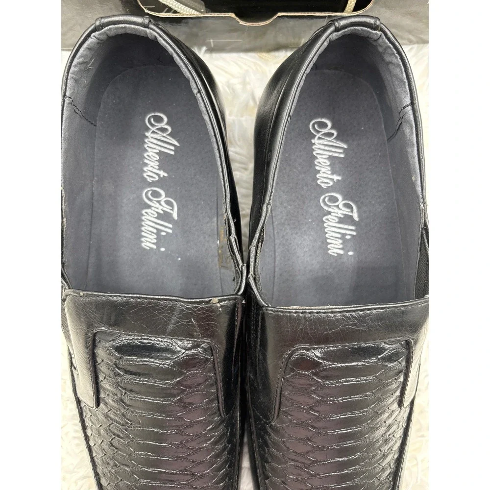 Alberto Fellini Mens Black Snakeskin Embossed Square Toe Slip On Loafers Size 12